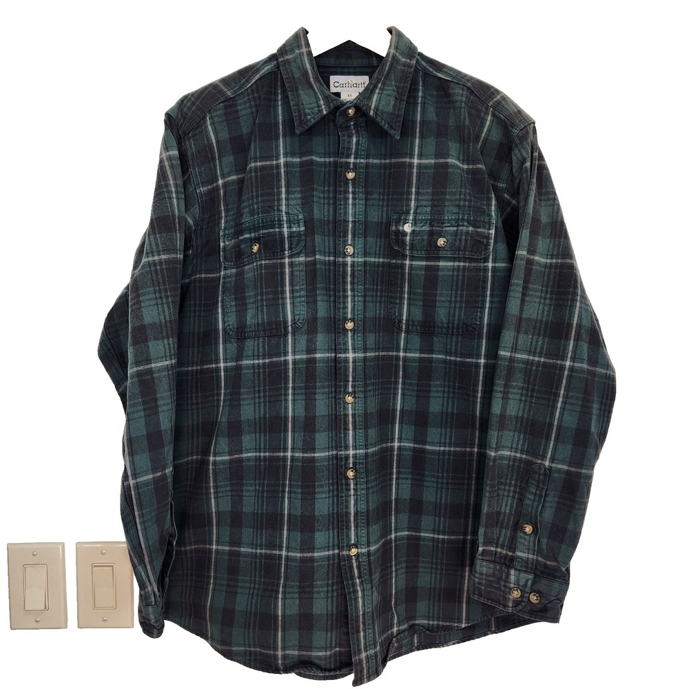 Carhartt Mens Heavyweight Flannel Button Down Shirt XL Green Black Plaid Cotton